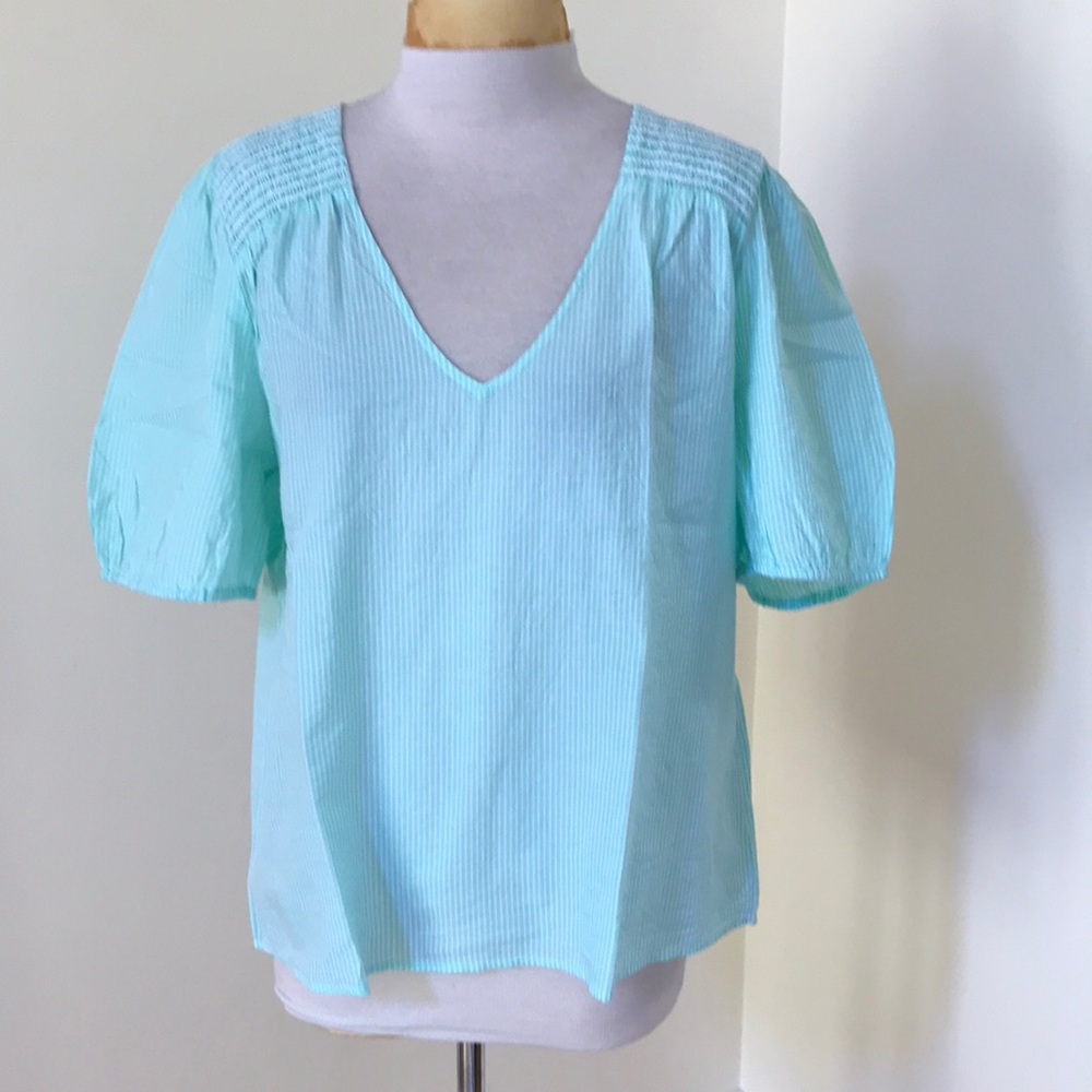 J.Crew outlet large mint green striped smocked v neck  cotton top.